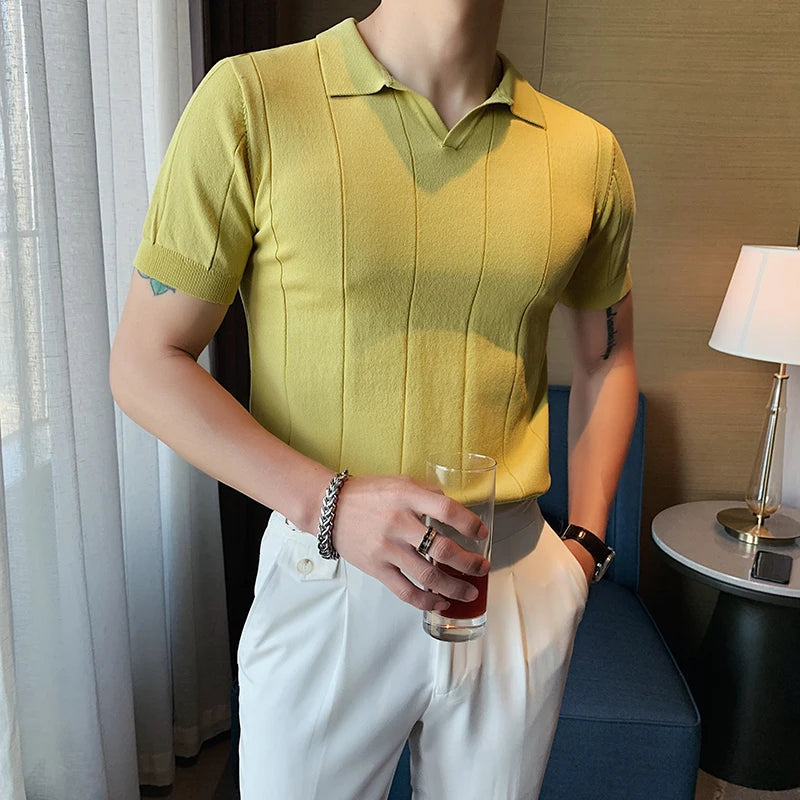 Estilo britânico v pescoço polo camisa dos homens de verão manga curta tricô t moda lapela cor sólida fino ajuste negócios polos casuais