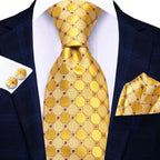 Hi-tie masculino elegante gravata lenço abotoaduras 3 pçs conjunto xadrez azul claro para smoking moda clássico seda luxo gravata para homem