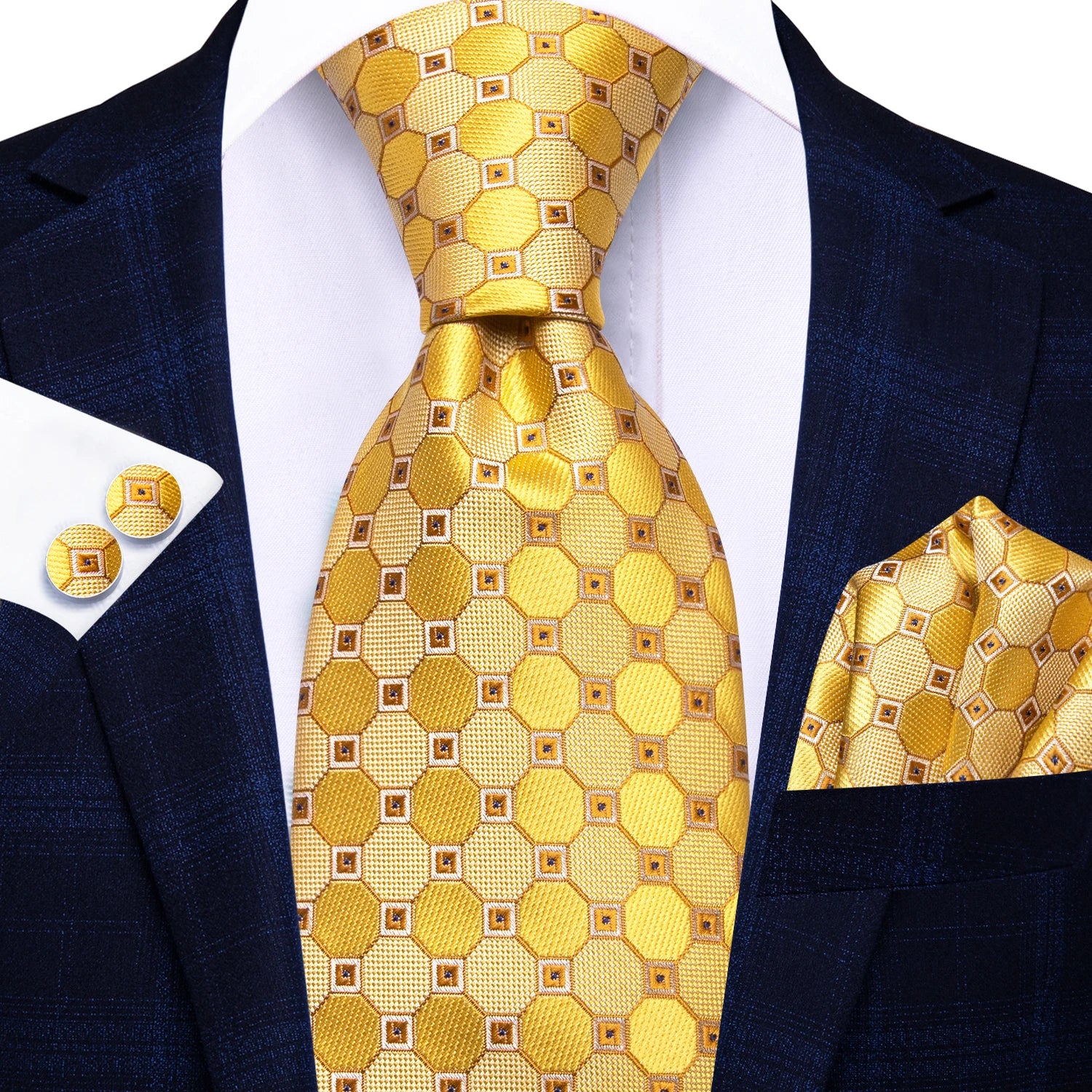 Hi-tie masculino elegante gravata lenço abotoaduras 3 pçs conjunto xadrez azul claro para smoking moda clássico seda luxo gravata para homem