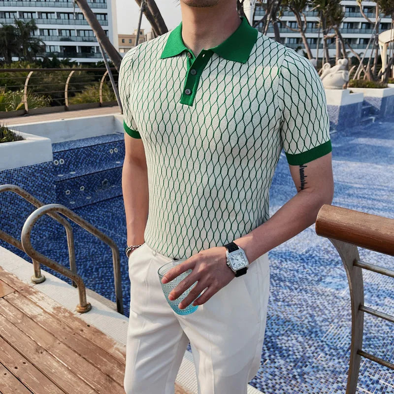 Xadrez de diamante masculino malha camisa polo, seda gelo, manga curta, slim fit, camiseta lapela, streetwear plus size, 4XL, verão, 2023