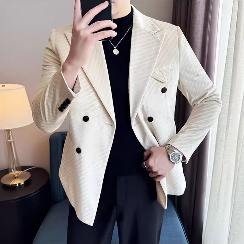 Outono inverno novo terno de veludo jaqueta masculina duplo breasted listrado fino ajuste casacos casuais de alta qualidade formal negócios fraque