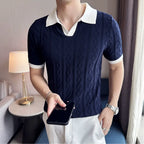 Verão listra jacquard manga curta camisa polo de malha masculina com decote em v contraste cor magro ajuste casual negócios camiseta topos 3xl