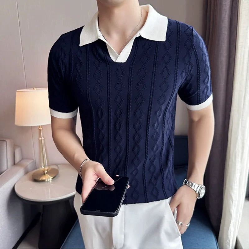 Verão listra jacquard manga curta camisa polo de malha masculina com decote em v contraste cor magro ajuste casual negócios camiseta topos 3xl