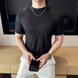 Camisa masculina listra grade t verão meia alta pescoço fino ajuste casual moda respirável elástico pulôver t roupas masculinas 4xl-m