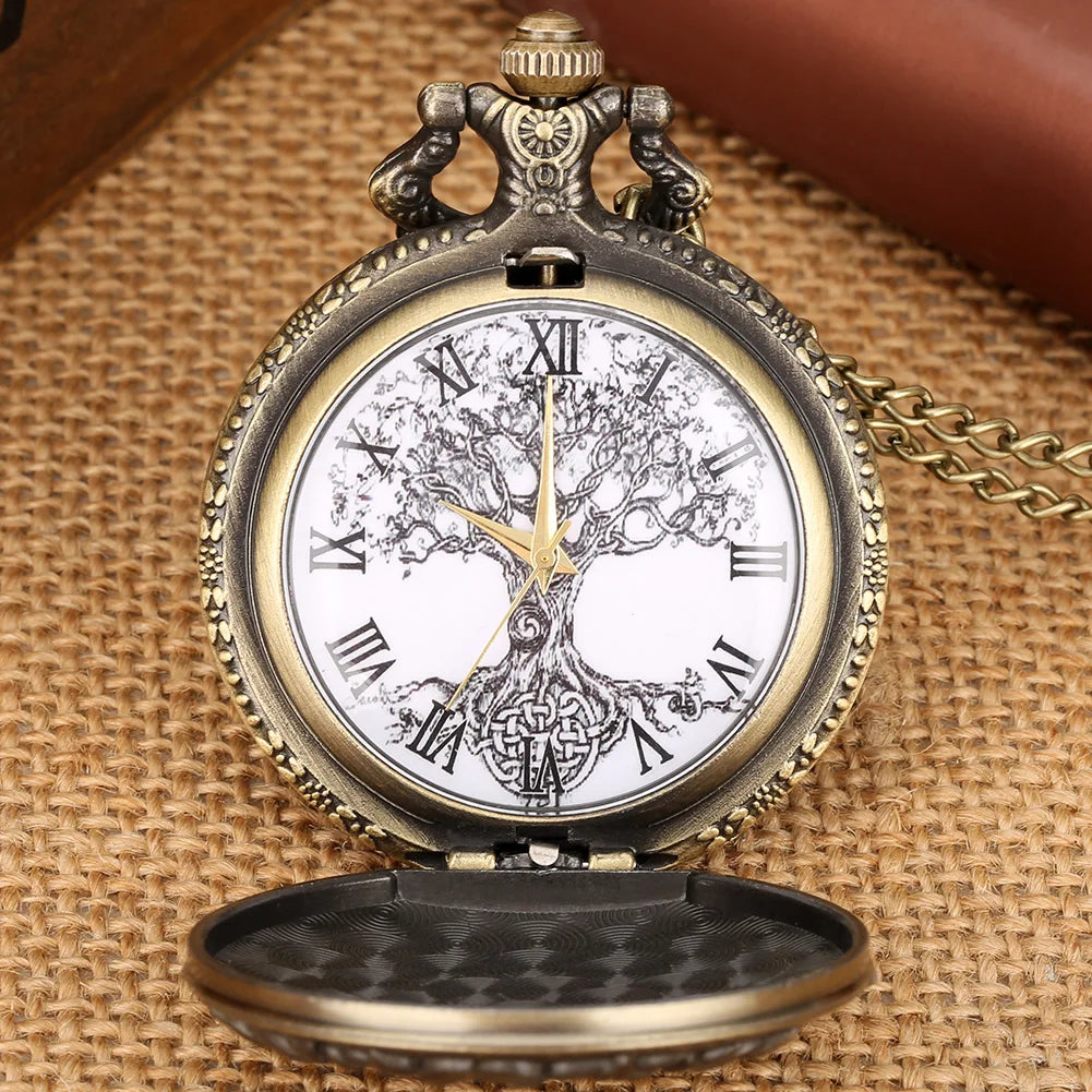 Árvore da vida padrão de bronze esboço tinta pintura dial vintage relógio de bolso com corrente antigo colar relógio de quartzo para homens