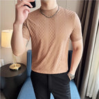 Camisa masculina listra grade t verão meia alta pescoço fino ajuste casual moda respirável elástico pulôver t roupas masculinas 4xl-m