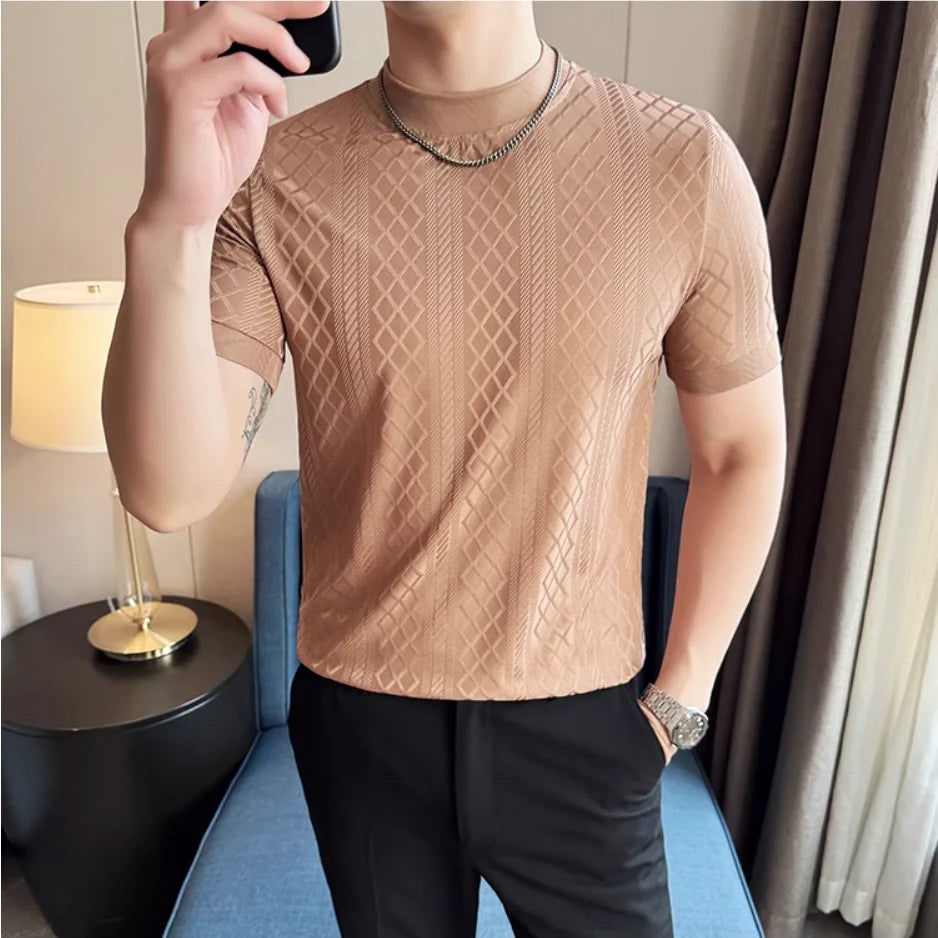 Camisa masculina listra grade t verão meia alta pescoço fino ajuste casual moda respirável elástico pulôver t roupas masculinas 4xl-m