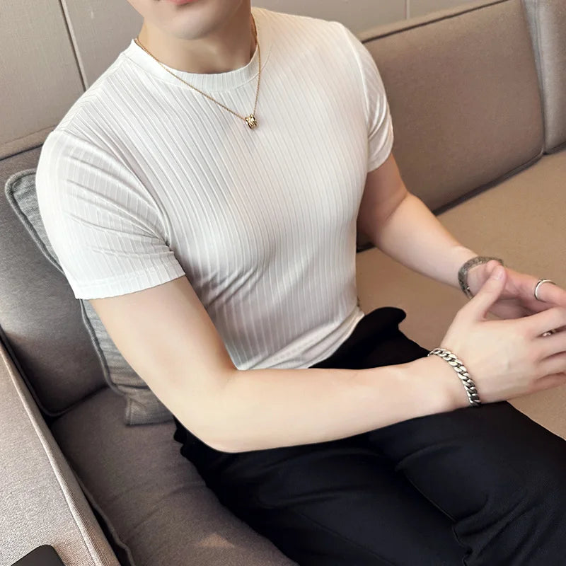 Verão gelo seda elástica listra fina camiseta masculina fino ajuste manga curta tripulação pescoço respirável versátil camiseta topos 4xl-m