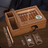 Humidor de charutos com cortador de charutos, cortador em V, conjunto de perfurador, caixa de charutos do Humidor com umidificador e higrômetro digital, caixa de cedro superior de vidro