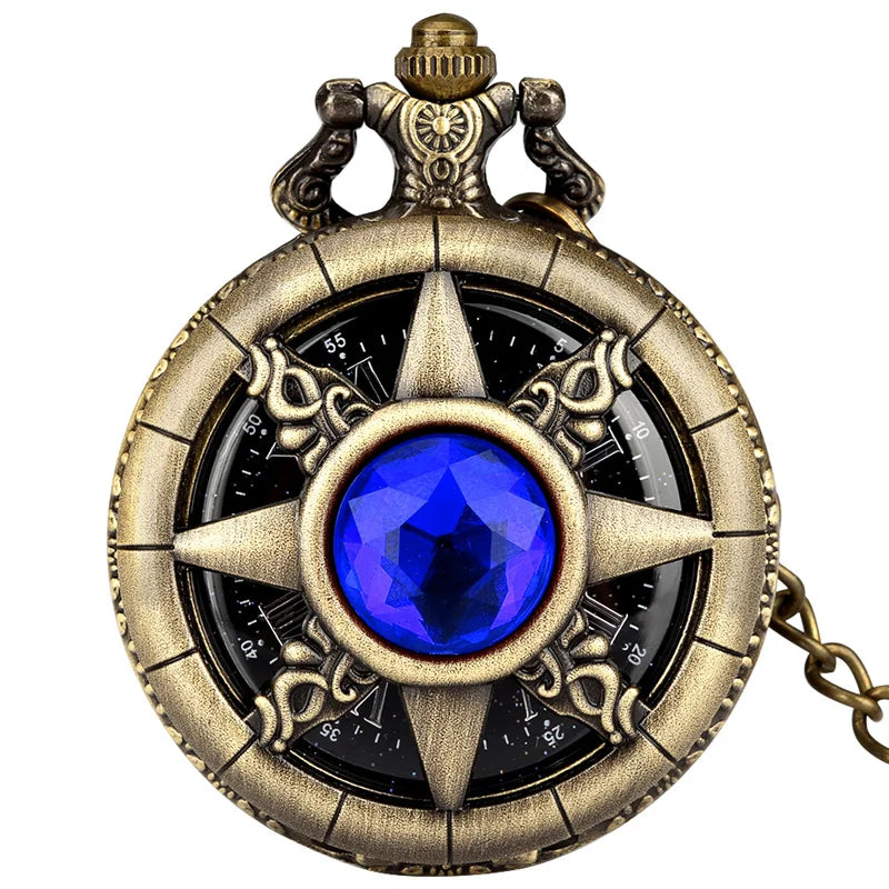 Exquisite Emerald-Green Stone Bronze Case Quartz Pocket Watch, Simples Dial Branco Cadeia Relógio, Colar Pingente para Homens e Mulheres