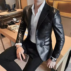 Jaqueta de couro PU masculina, monocromática, slim fit, blazers de negócios, casacos casuais, moda high-end, coreana, outono, 2022
