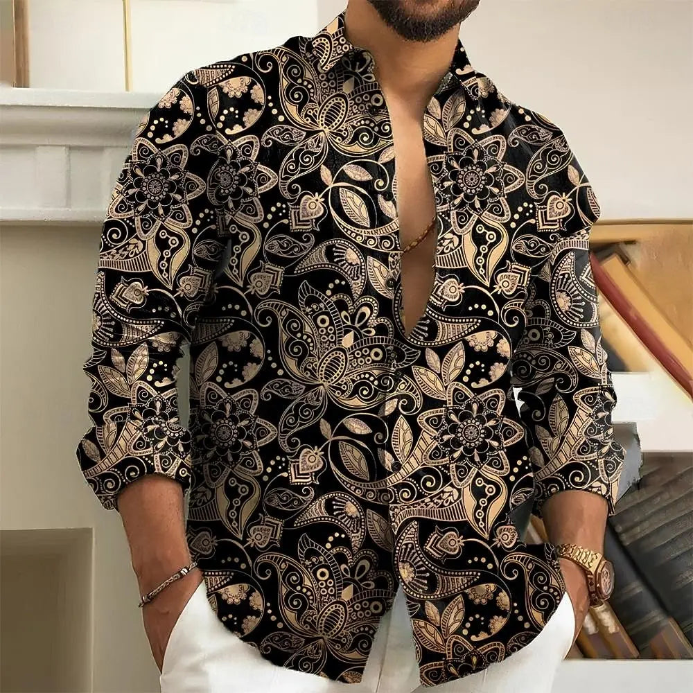 Camisa masculina de manga comprida com estampa floral paisley 3D, ajuste fino de poliéster, roupa casual estilo rua, blusa moderna outono inverno 2025