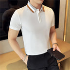 Verão de malha cor bloqueada listra colarinho polos camisas de alta qualidade moda masculina manga curta magro camiseta topo roupas masculinas