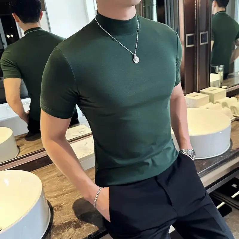 Outono inverno masculino meia alta pescoço manga curta camiseta coreano fino ajuste cor sólida camisa inferior casual algodão elástico camisetas