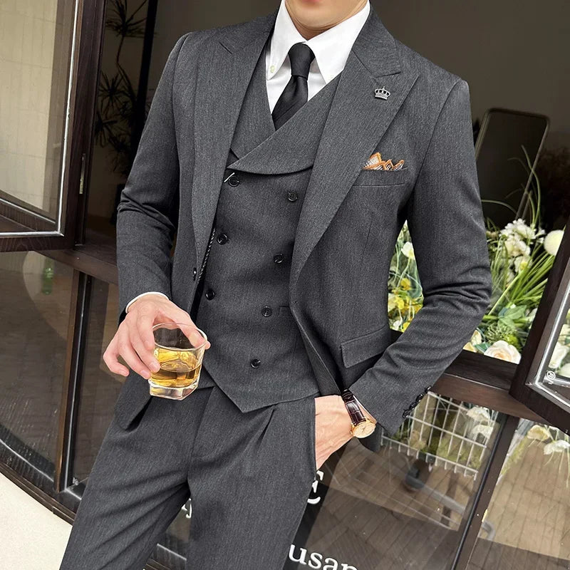 (Jaquetas + calças + colete) homens de alta qualidade fino ajuste festa smoking 3 peças moda duplo breasted colete design casamento terno social