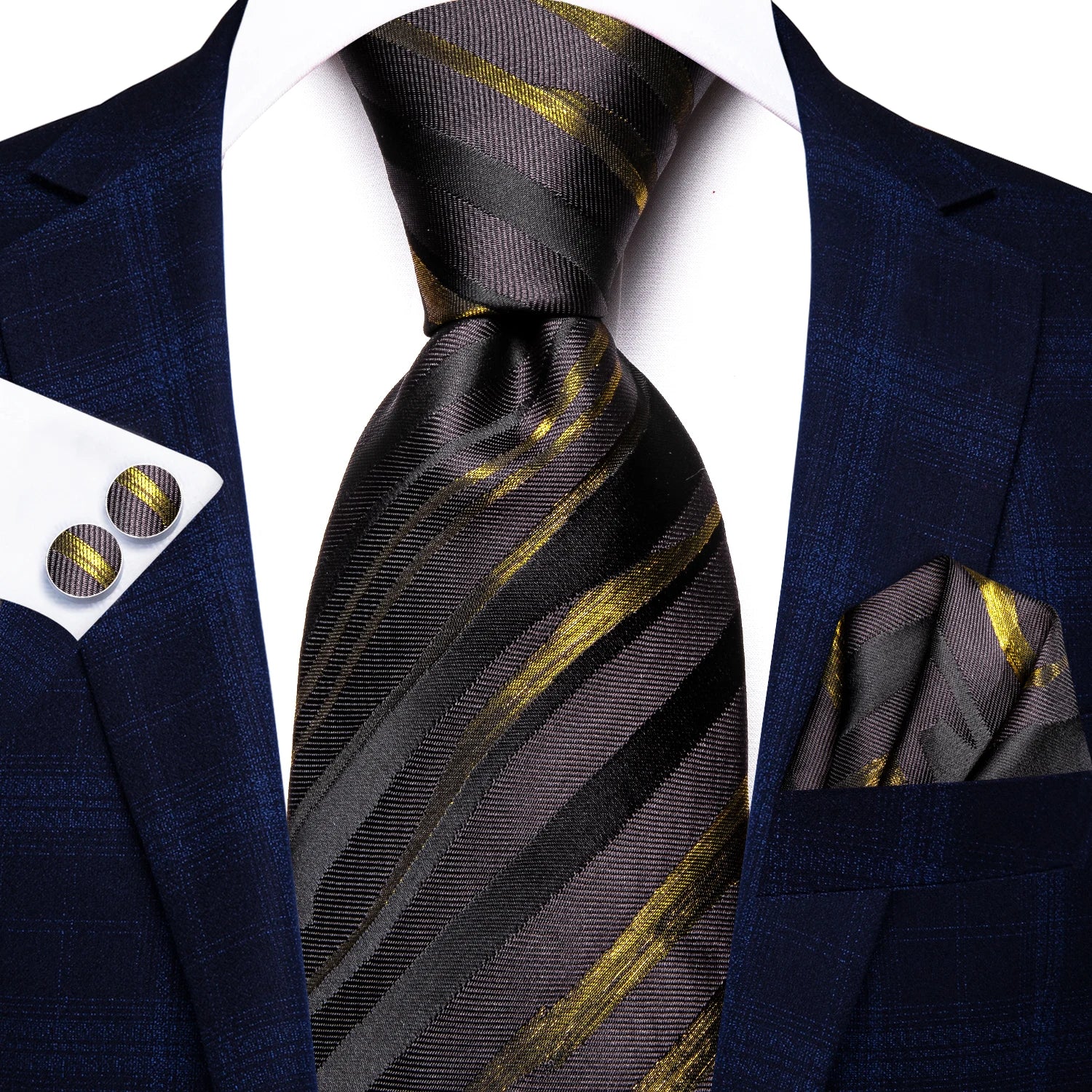 Conjunto clássico de gravata de seda masculino, gravata, listrada azul bordô, lenço elegante, abotoaduras, moda luxo, 3 peças