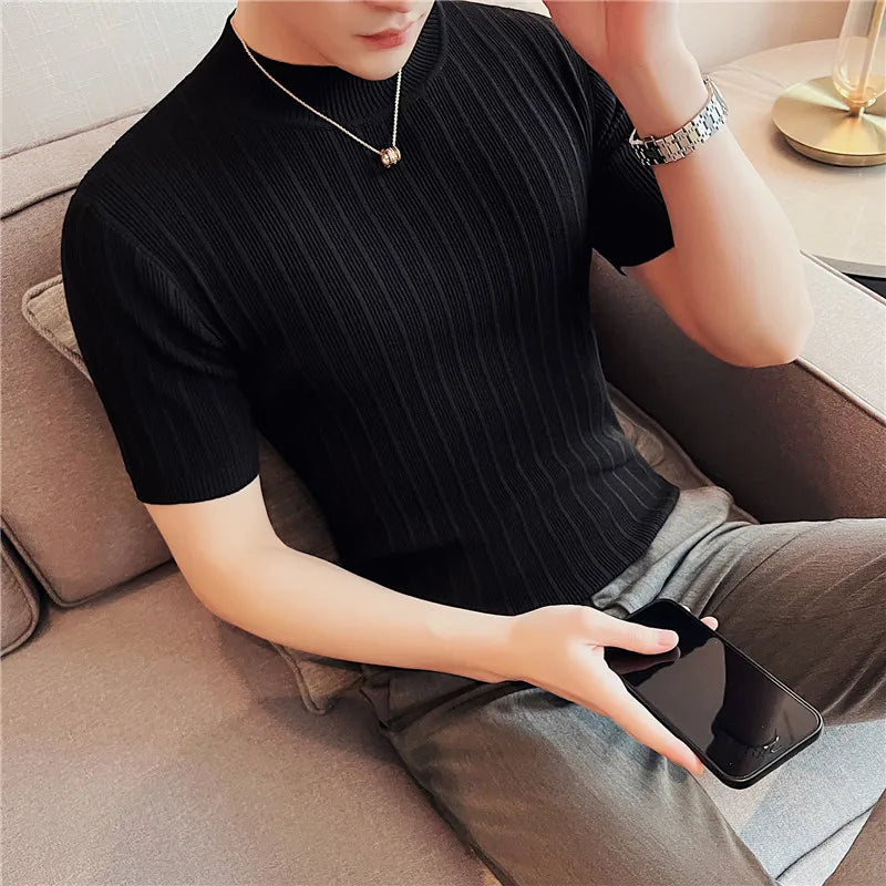 2024 verão malha elasticidade t camisa masculina meia gola alta manga curta casual fino ajuste camisola topos t clube social camiseta