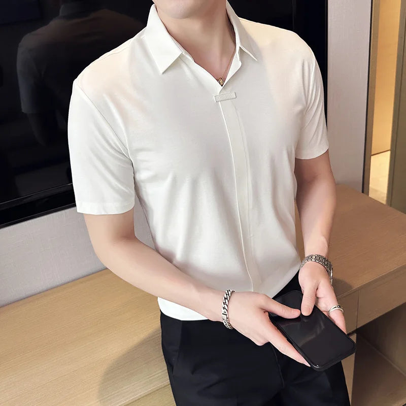 Verão de alta elasticidade com decote em v camisa polo masculina de alta qualidade seda gelo sem costura casual manga curta camiseta roupas masculinas 4xl-m