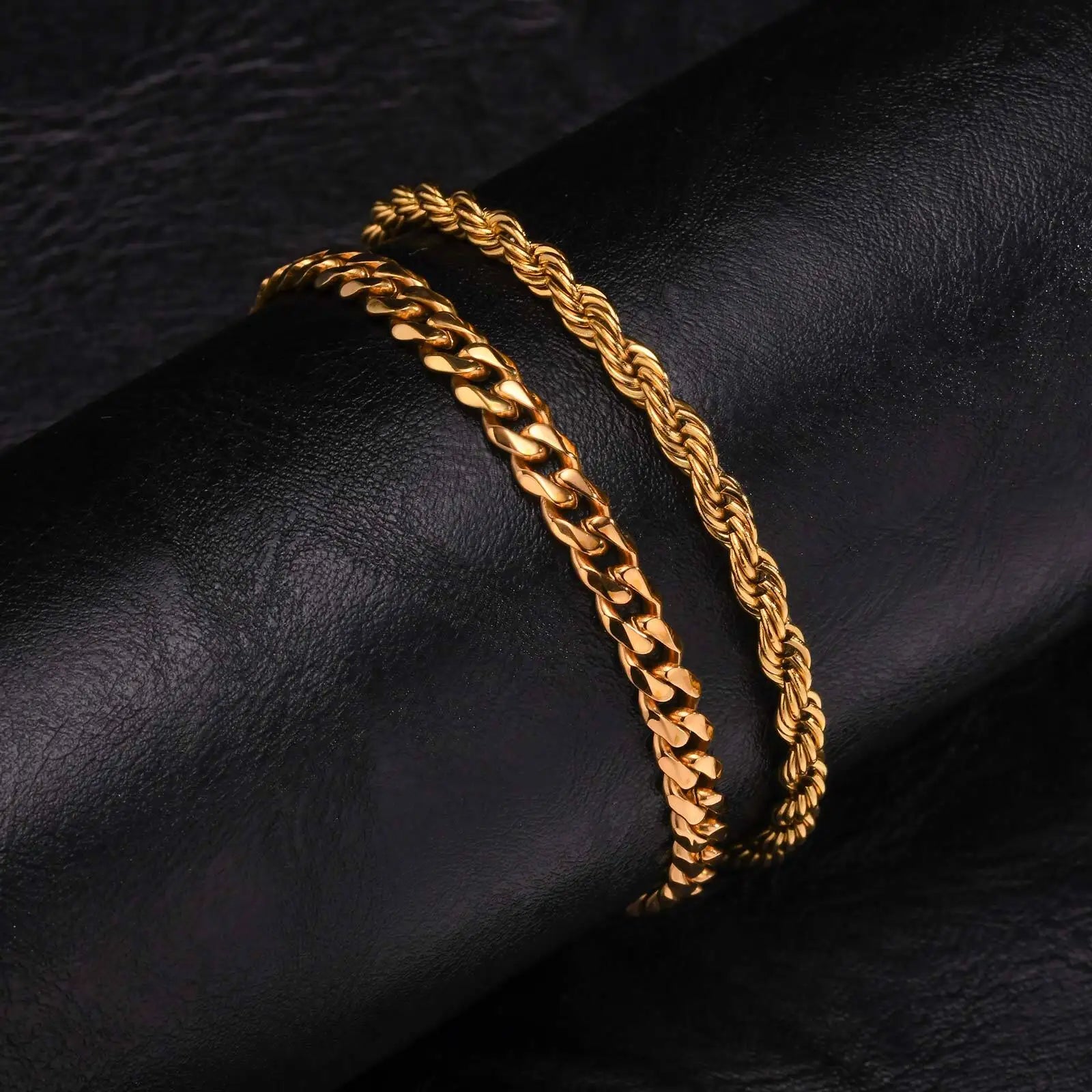 2 peças pulseiras de corrente masculina, corrente de corda torcida de aço inoxidável cor preta dourada prateada, presente de pulseira de corrente cubana da moda