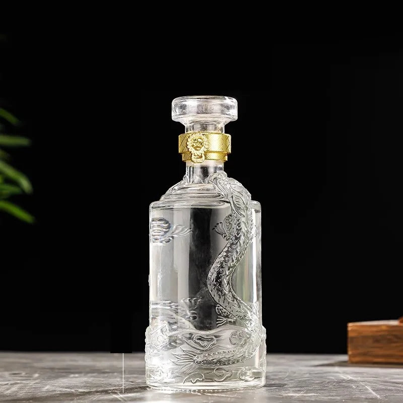 Dragão gravado 500ml formato redondo decantador de uísque barware garrafa de álcool para licor escocês bourbon
