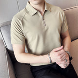 Verão masculino sólido camisa polo 2025 moda turn down collar zíper design fino ajuste casual elástico camisetas roupas masculinas 4xl-m