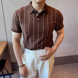 2025 verão masculino listras onduladas polos camisas moda turn-down colarinho simplicidade fino ajuste manga curta de malha t camisas topos