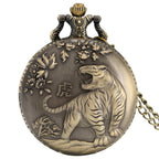 Bronze 12 signos do zodíaco antigo tigre animal relógio de bolso de quartzo antigas coleções chinesas colar de aniversário presente para homens