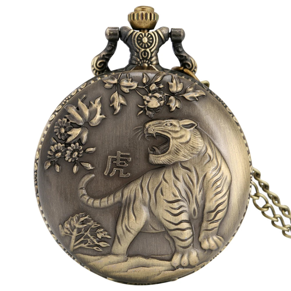Bronze 12 signos do zodíaco antigo tigre animal relógio de bolso de quartzo antigas coleções chinesas colar de aniversário presente para homens