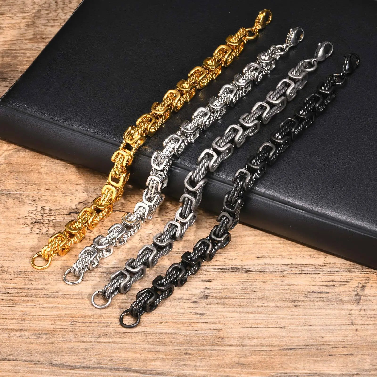 Pulseiras bizantinas grossas masculinas, pulseira retrô cinza de aço inoxidável de 8 mm com elo trançado, joia vintage presente para ele menino