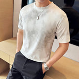 Camiseta espumante com gola em O masculina, alta qualidade, ajuste fino, elástica, manga curta, coreano casual, tops sociais, camiseta de verão