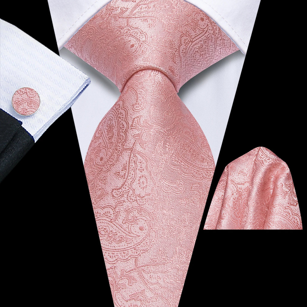 Conjunto de gravata paisley rosa elegante masculino, caixa de presente com gravata, gravata borboleta, lenço, abotoaduras, anel, clipe de lapela e boutonniere.