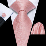 Conjunto de gravata paisley rosa elegante masculino, caixa de presente com gravata, gravata borboleta, lenço, abotoaduras, anel, clipe de lapela e boutonniere.