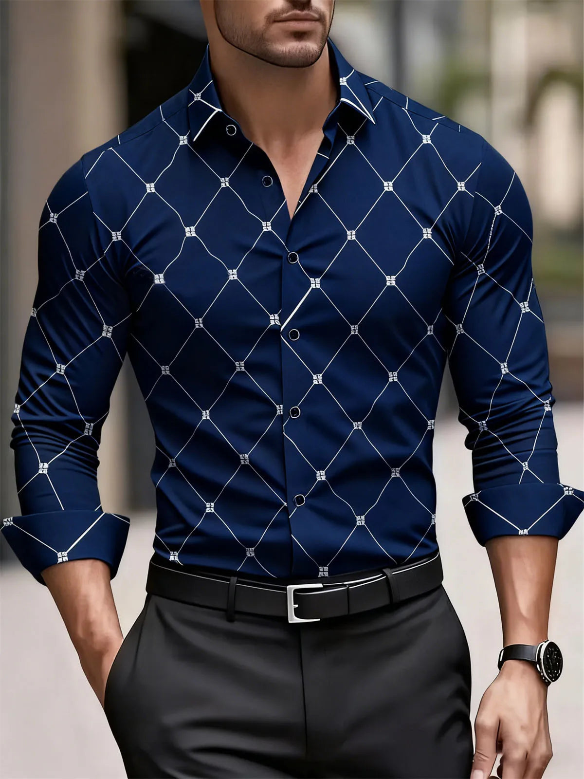 Camisa Masculina Social Geométrica de Manga Longa