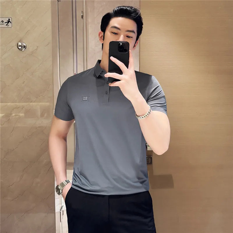 2025 verão novo sem vestígios polos elásticos camisa masculina de alta qualidade casual respirável manga curta camiseta social topos 4xl-m