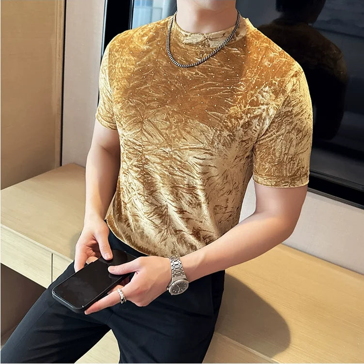 Camiseta bronzeadora de veludo dourado primavera verão novo o-pescoço moda masculina fino ajuste casual respirável t camisa pulôver roupas masculinas