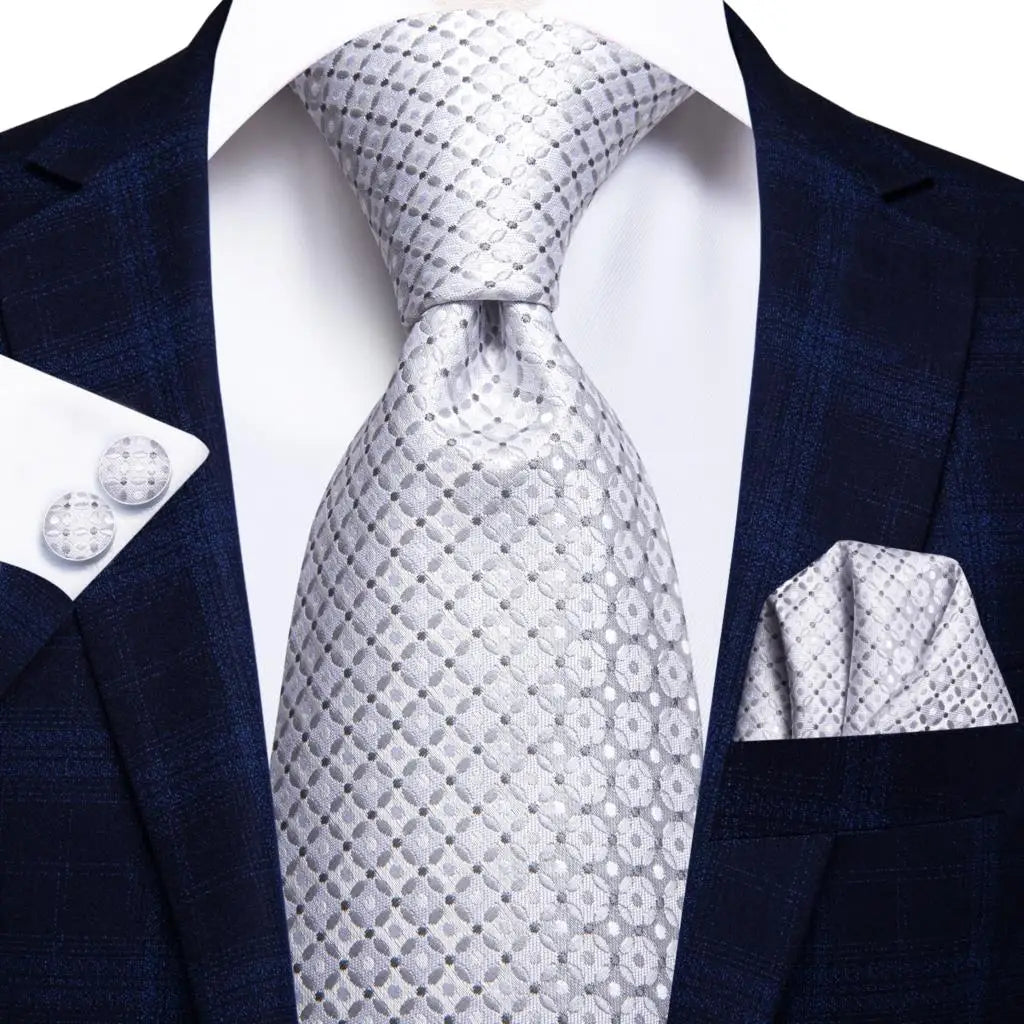 Gravatas masculinas branco sliver hanky abotoaduras conjunto de seda pescoço laços para festa de casamento negócios gravata masculina 2022 nova marca de moda hi-tie