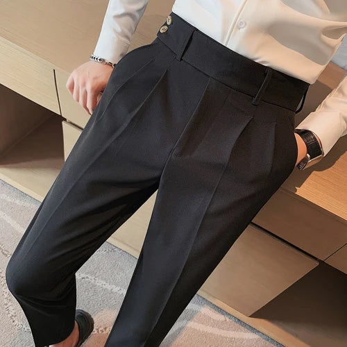 Calça casual de cintura alta masculina, estilo britânico, design plissado de Twirt, Nápoles, fina, simples, festa social, calça de terno, plus size 38