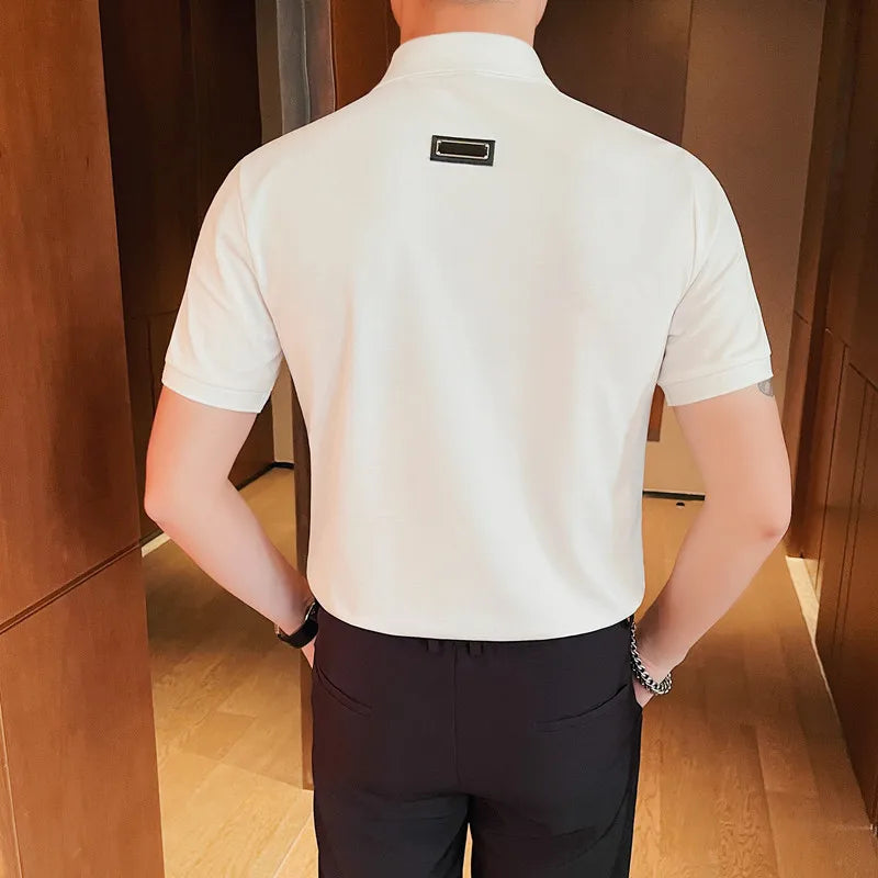 Estilo britânico Verão Manga Curta Lapela Polo Camisas Para Homens 2023 Nova Personalidade Alça de Ombro Social Slim Fit T-shirt Tops