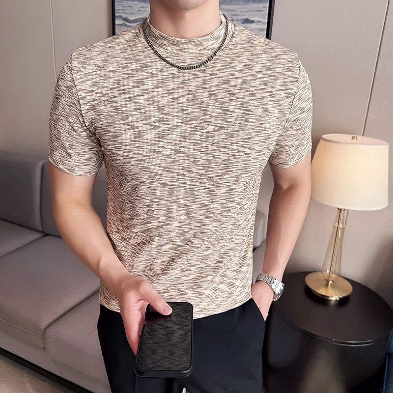 Camiseta camuflada masculina verão meia gola alta ajuste fino manga curta moda versátil camisetas casuais topos roupas masculinas