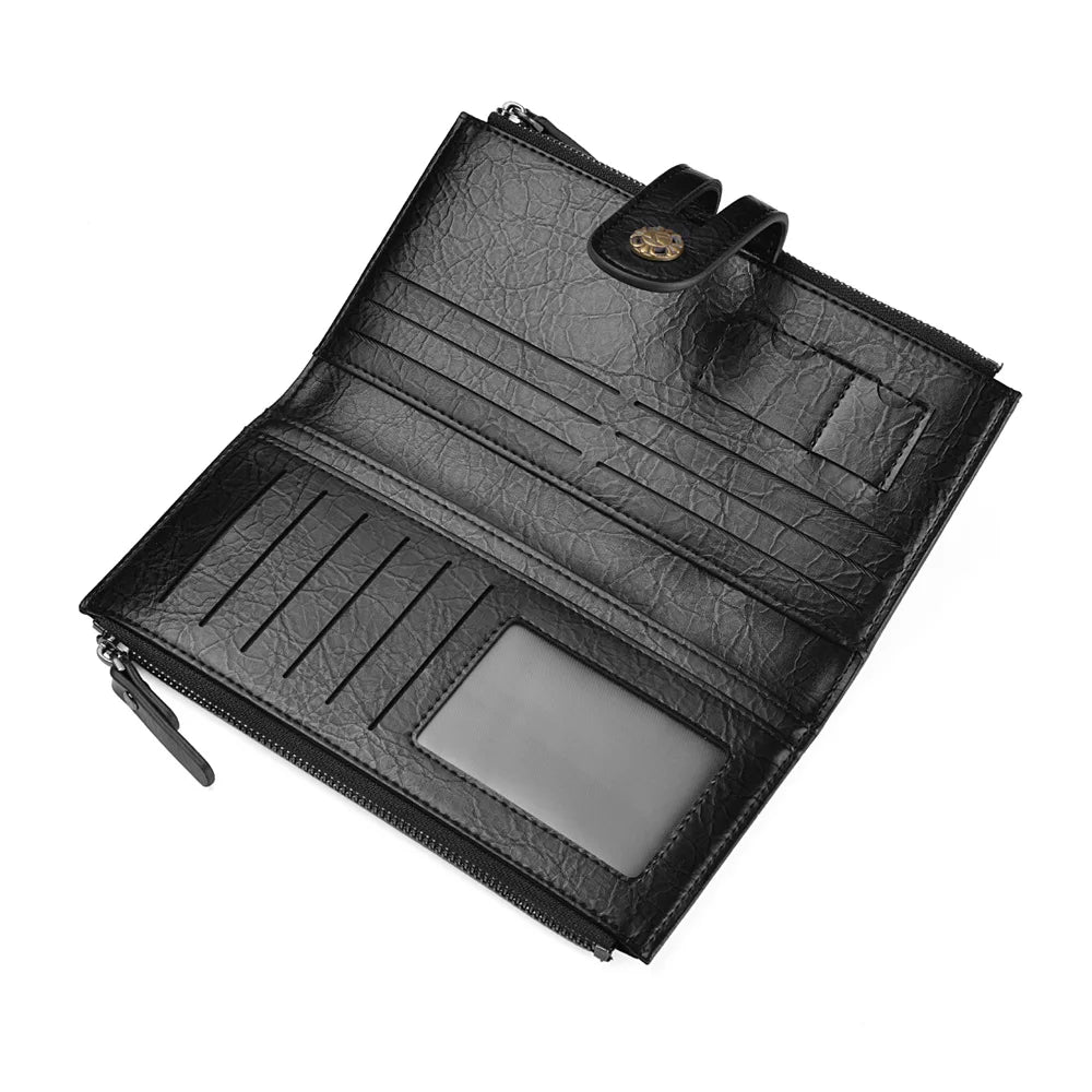 Carteira longa masculina de couro PU com zíper duplo carteira dobrável casual porta cartão de crédito carteira masculina