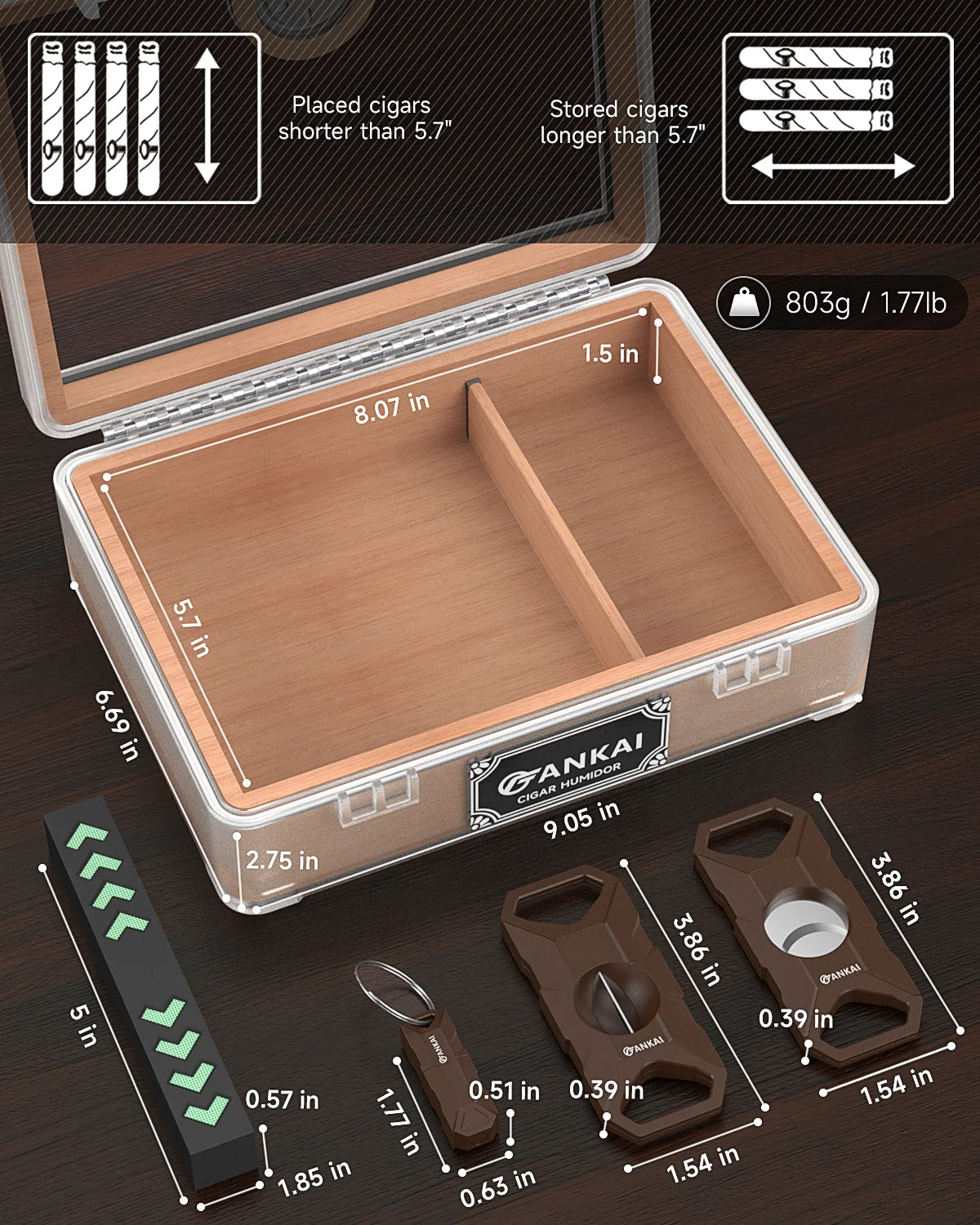 Caixa de charutos Humidor, com guilhotina cortadora, corte V, perfurador e suporte, caixa de charutos com tampo de vidro, forro de madeira de cedro, higrômetro umidificador