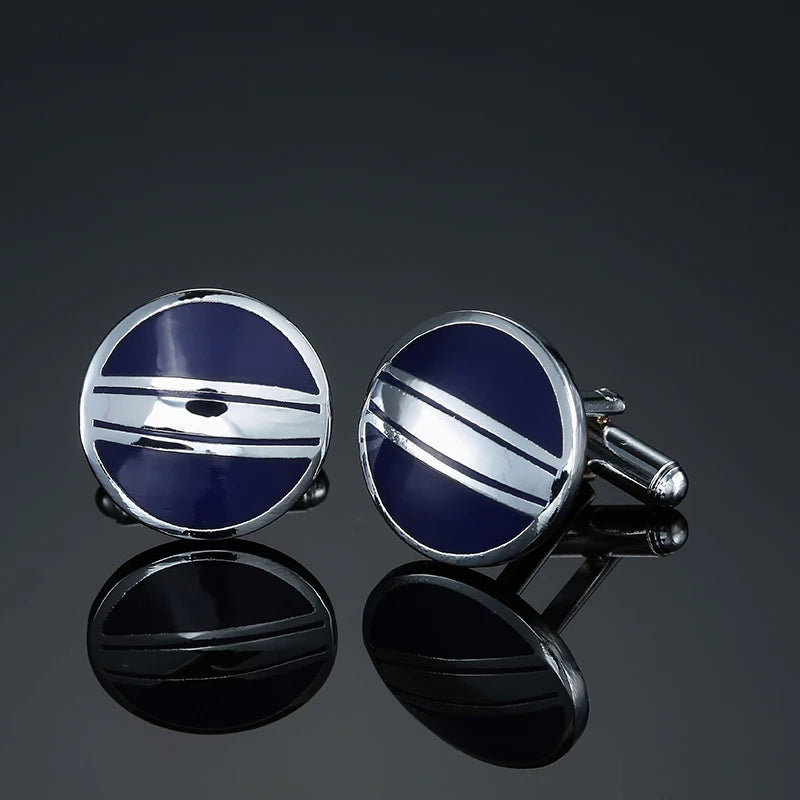 Abotoaduras de camisa francesa masculina, Abotoaduras de esmalte redondo azul e preto, estilo clássico, acessórios de moda, atacado