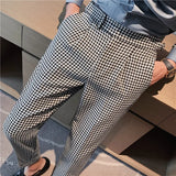Estilo britânico outono nova moda listra xadrez terno calça masculina design de cintura alta fino ajuste calças de escritório dos homens noivo calças de casamento
