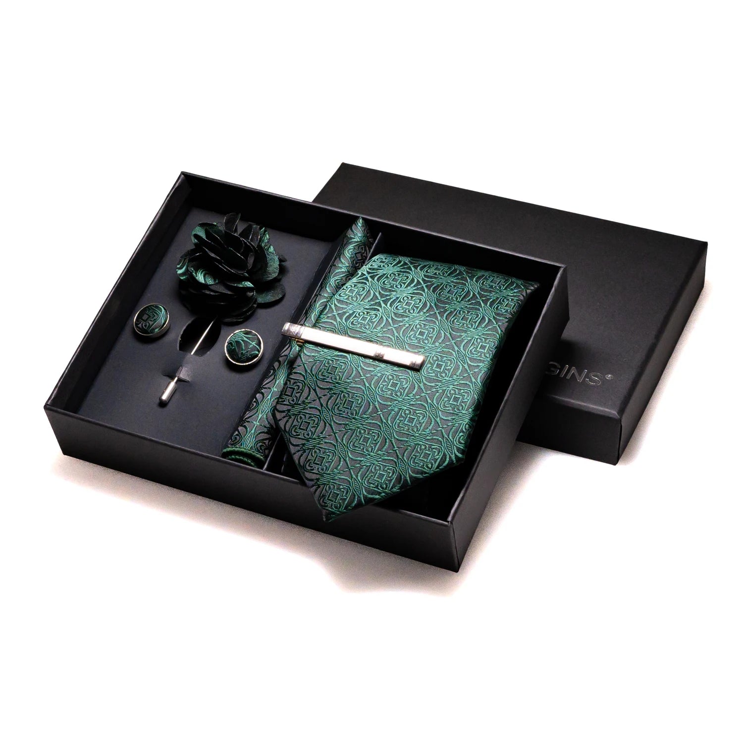 Gravatas luxuosas de seda com listras verdes escuras, acessórios de casamento, gravata masculina, bolso quadrado, abotoaduras, pino e caixa de presente elegante