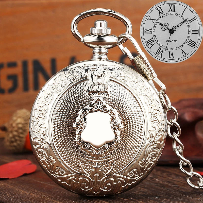 Luxo prata escudo coroa padrão relógio de bolso de quartzo moda colar pingente corrente jóias presente steampunk relógio para homem