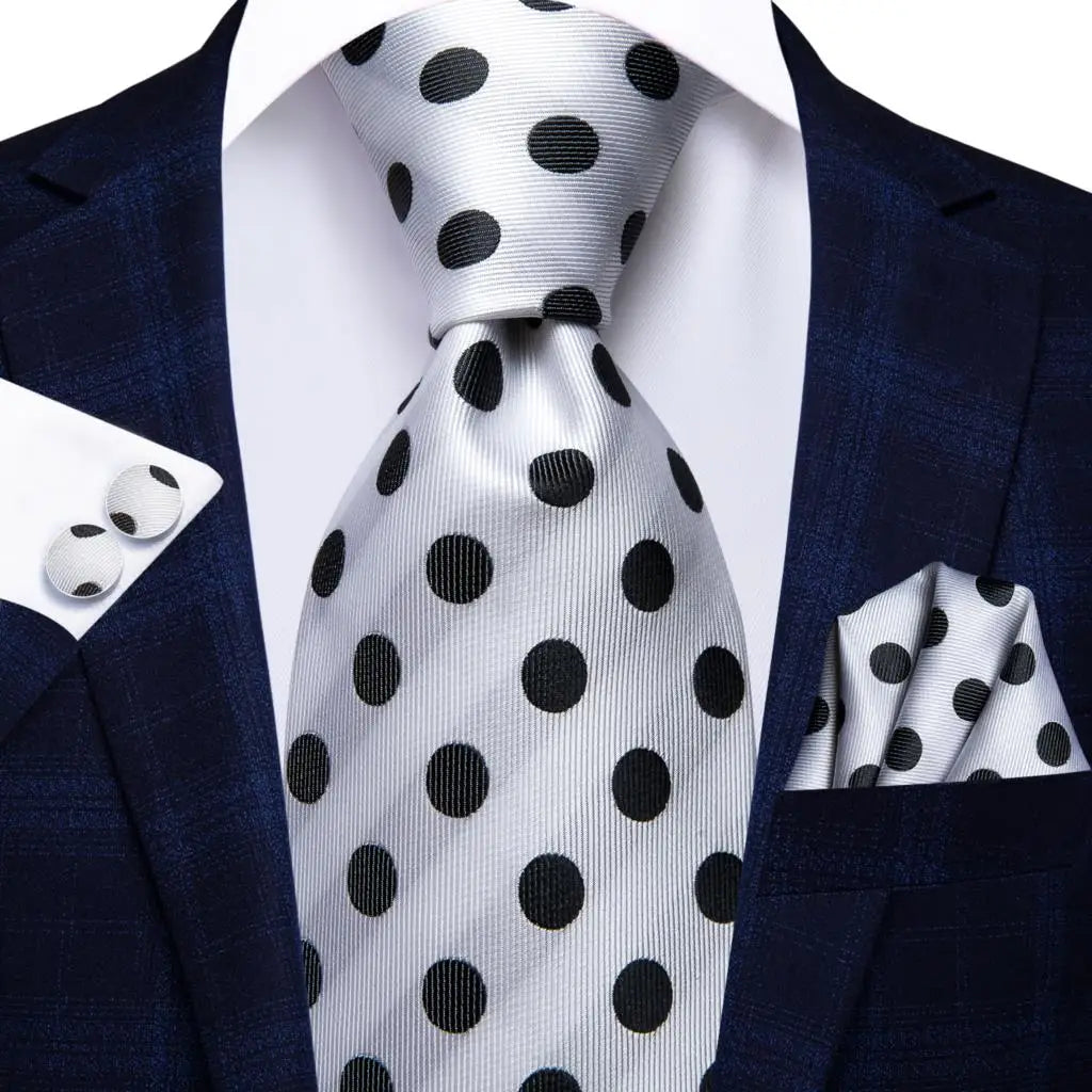 Gravatas masculinas branco sliver hanky abotoaduras conjunto de seda pescoço laços para festa de casamento negócios gravata masculina 2022 nova marca de moda hi-tie