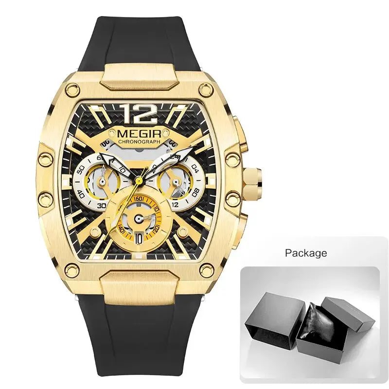 MEGIR-Relógio quartzo impermeável masculino, verde dourado, pulseira de silicone, cronógrafo, relógio de pulso com data, ponteiros luminosos, moda desportiva