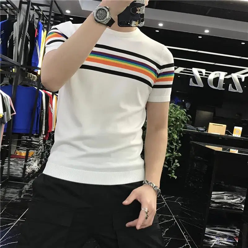 Camiseta de malha listra colorida masculina, manga curta, gola O, streetwear casual, verão, 2022