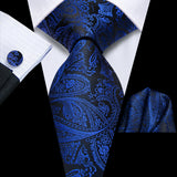 Conjunto de gravata paisley preta de luxo masculino, caixa de presente inclui gravata, gravata borboleta, lenço, abotoaduras, anel, clipe de lapela, boutonniere.