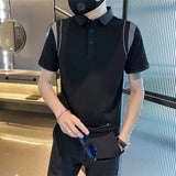 2025 verão nova emenda cor manga curta polos camisa de alta qualidade dos homens seda gelo fino ajuste casual camiseta roupas masculinas 4xl